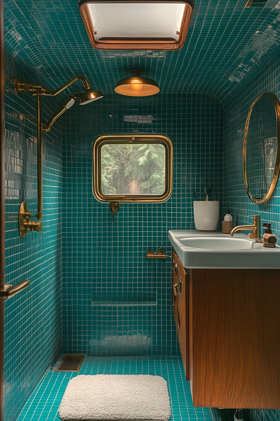 Mid-century inspired camper bathroom. Turquoise mosaic tile with brass fixtures.