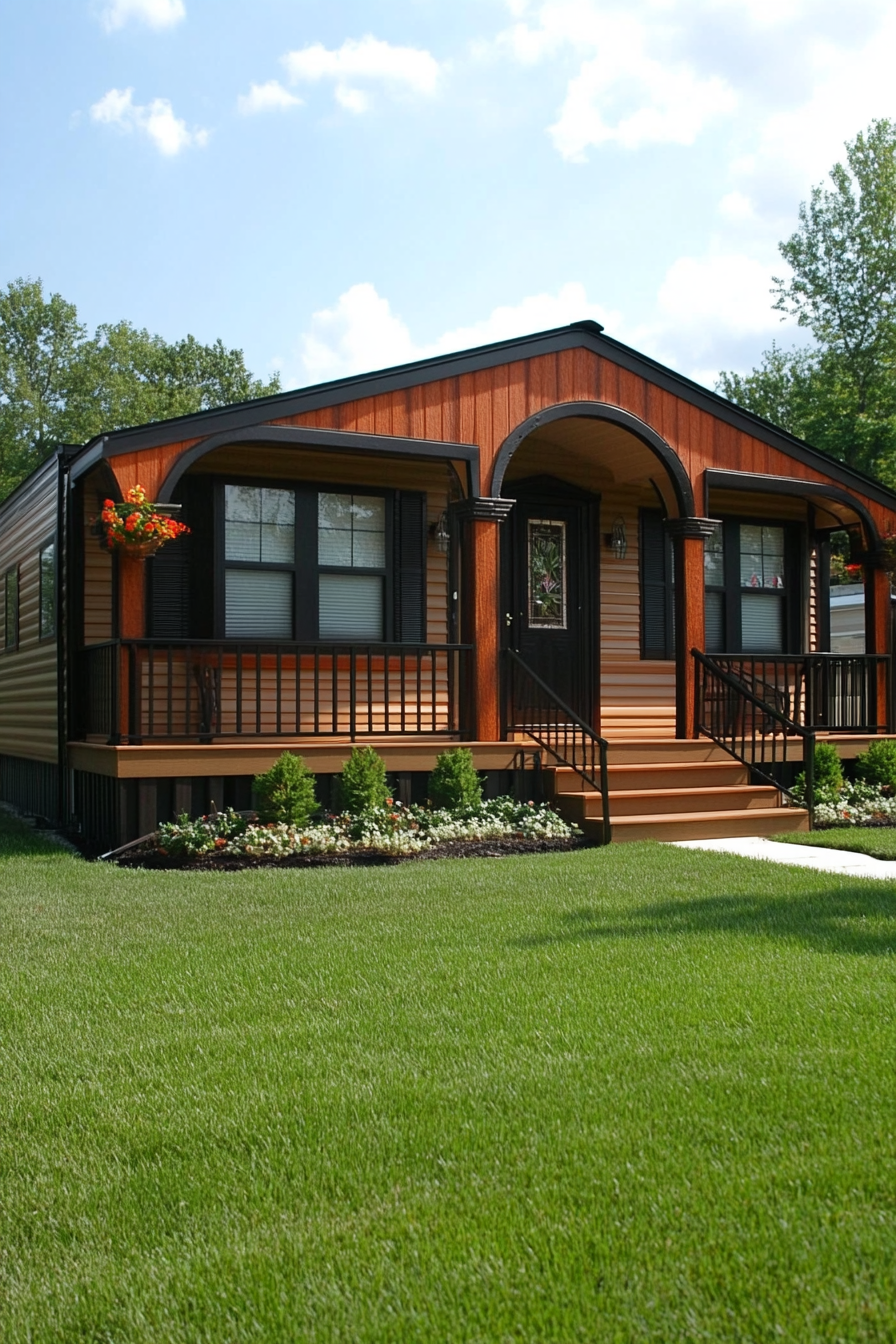 Wide angle view. Dark mobile home, arched details, terra cotta accents.