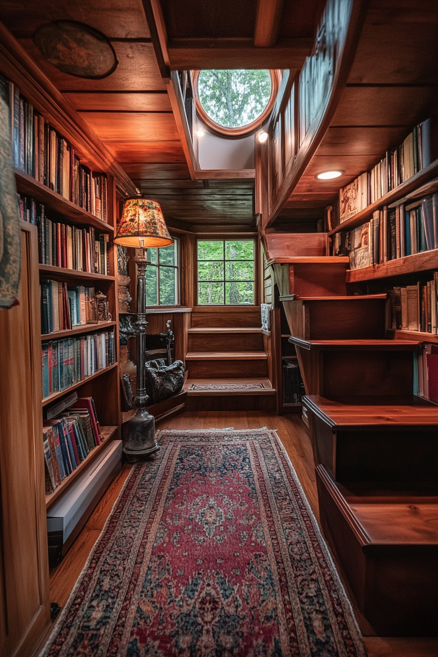 Wide angle view of dark academia tiny house. Persian rug, mahogany shelves, vintage books and antiquarian lamp.