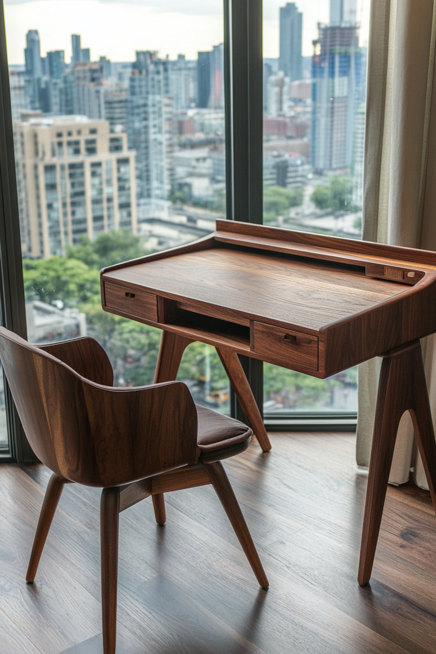 Professional mobile workspace. Rich walnut desk, coat stand, mid-century chair, with cityscape view.