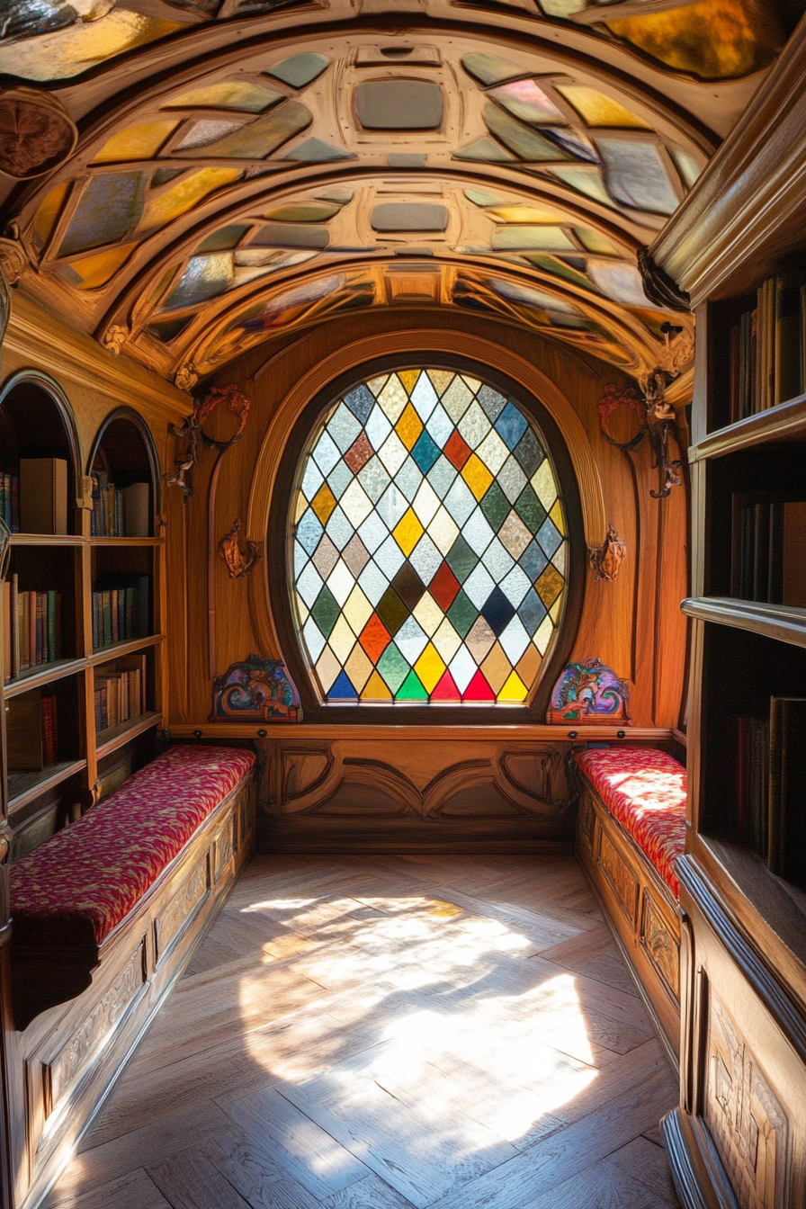 Wide angle view. Storybook-inspired mobile library with an ornate diamond-pattern stained glass window.