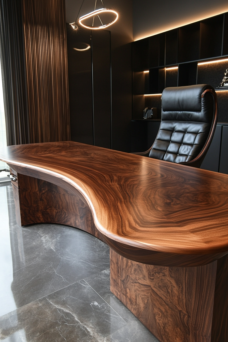 Wide angle view. Executive mobile workspace with walnut desk and leather chair.