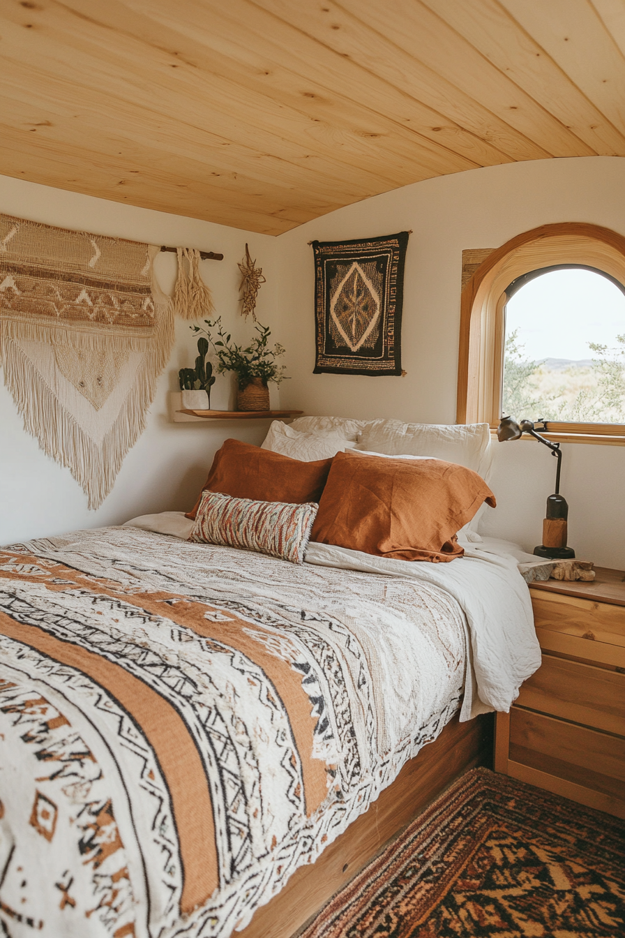 Southwestern tiny house bedroom. Wide angle, earth tones, bed with subtly patterned linens, woven wall art.