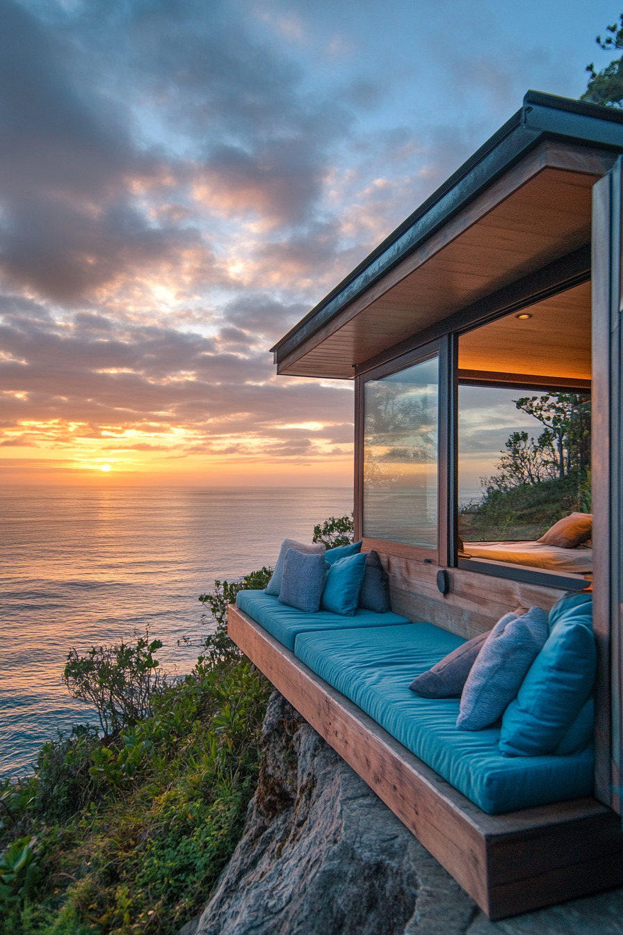 Wide angle view, sleek tiny home. Blue cushions on built-in cliff-edge seating, panoramic sunset ocean scene.