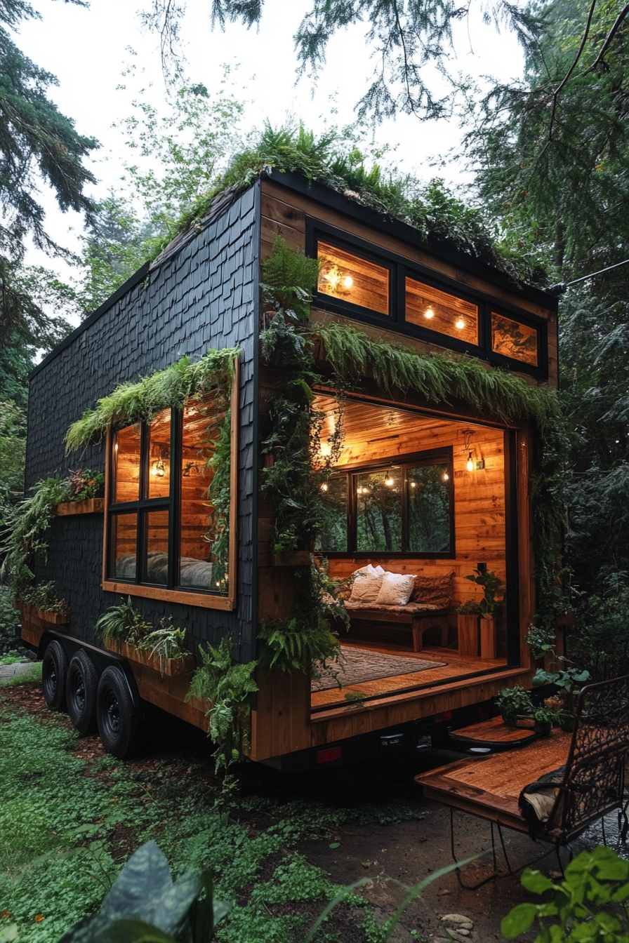 Wide angle view. Fern covered tiny house with greenhouse windows and botanical wallpaper.