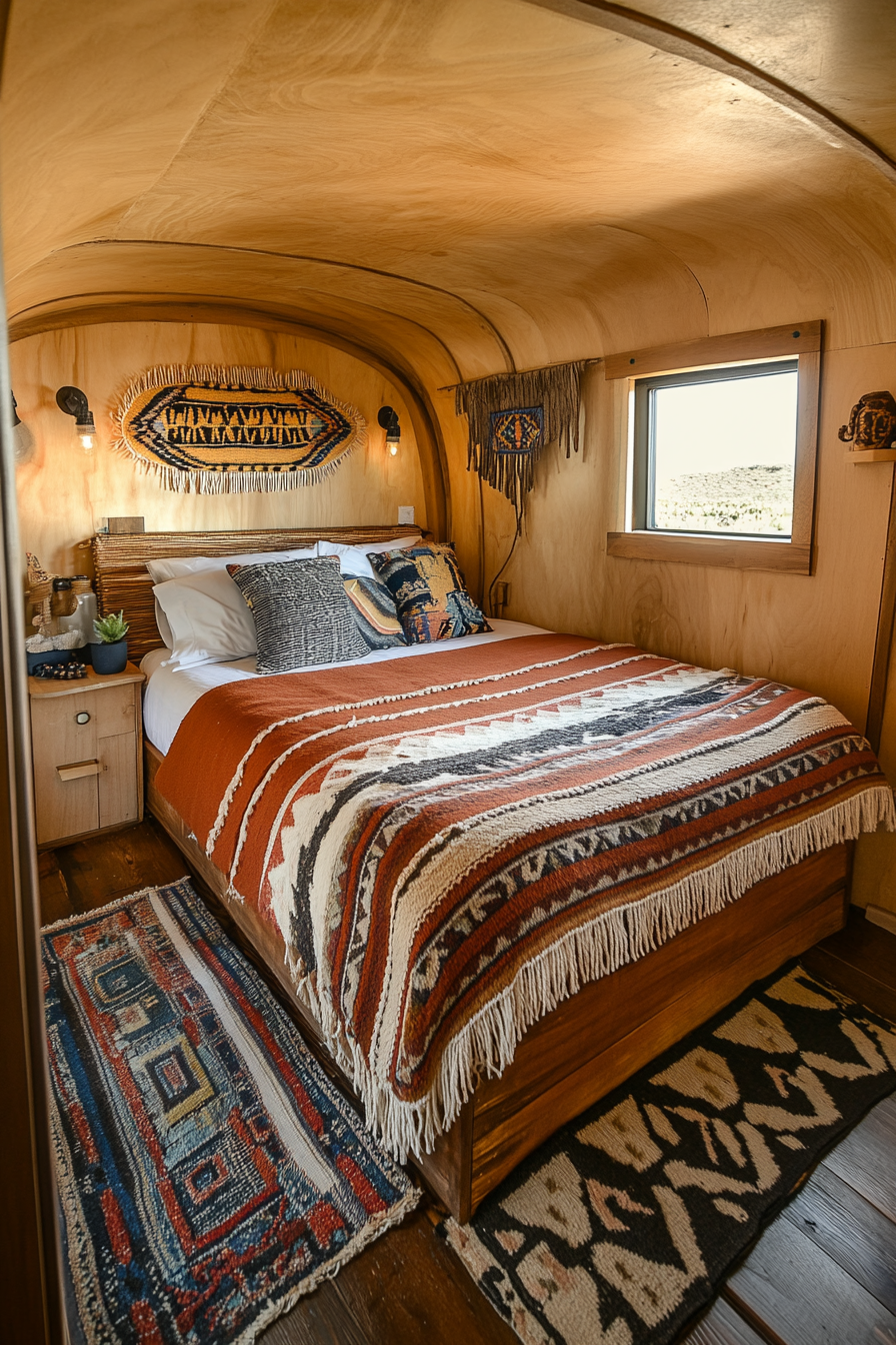 Wide angle view. Bedroom in southwestern tiny house, earth toned, woven wall art.