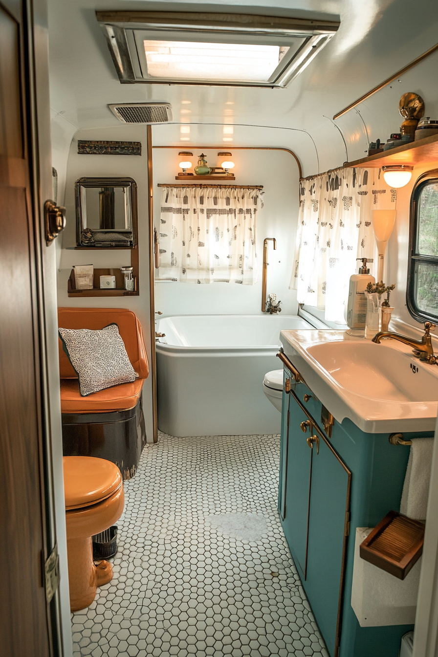 Wide angle view. 1950s RV bathroom. Vintage penny tile floor. Classic bronze fixtures.