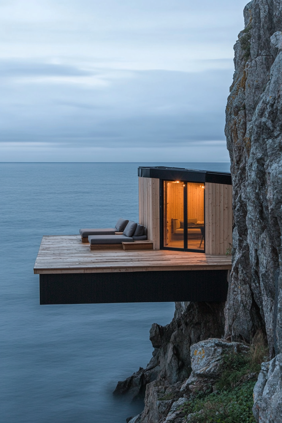 Sleek tiny home. Oceanview clifftop platform with built-in seating.