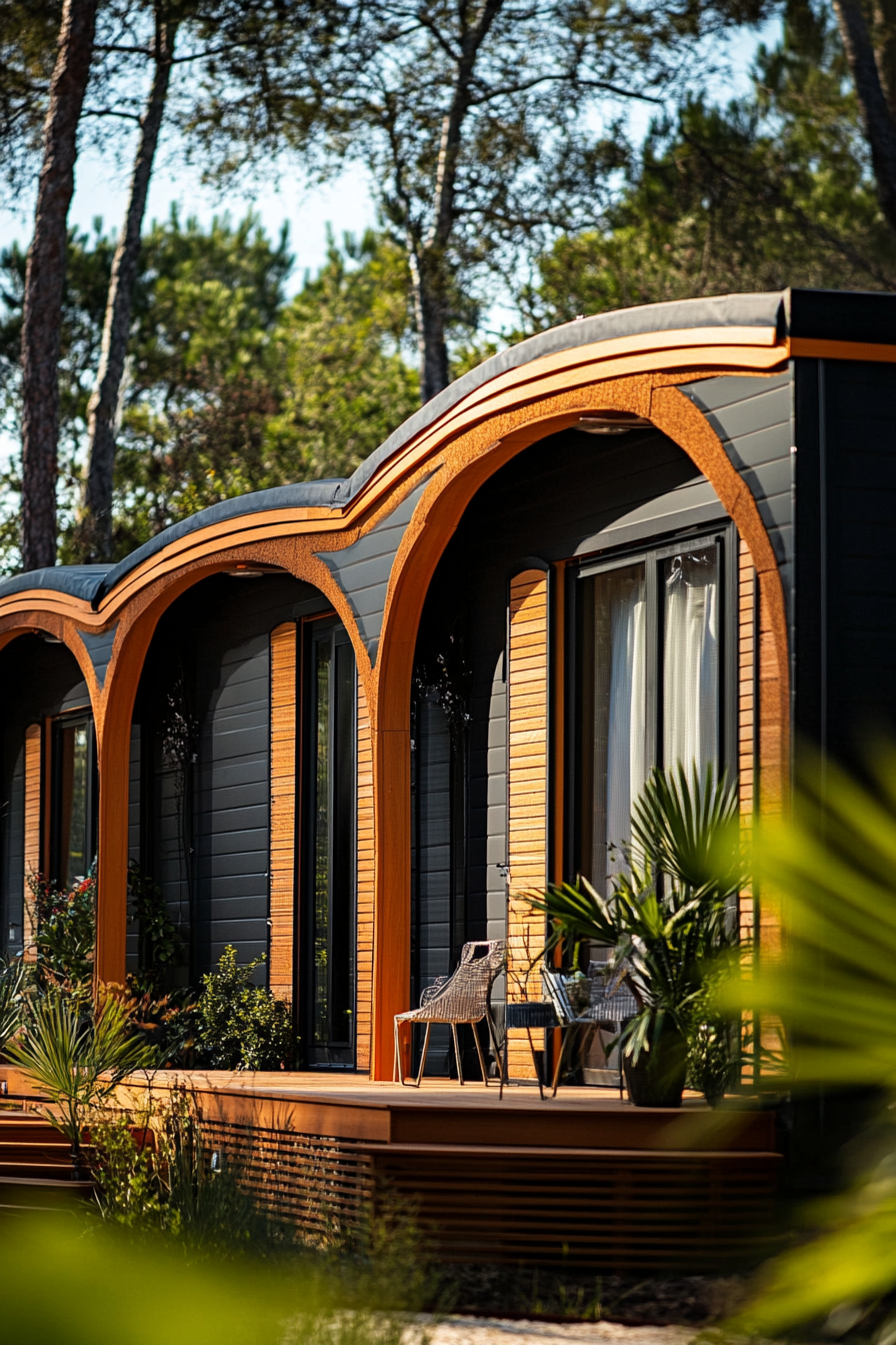 Wide angle view. Dark mobile home with arched details and terra-cotta accents.