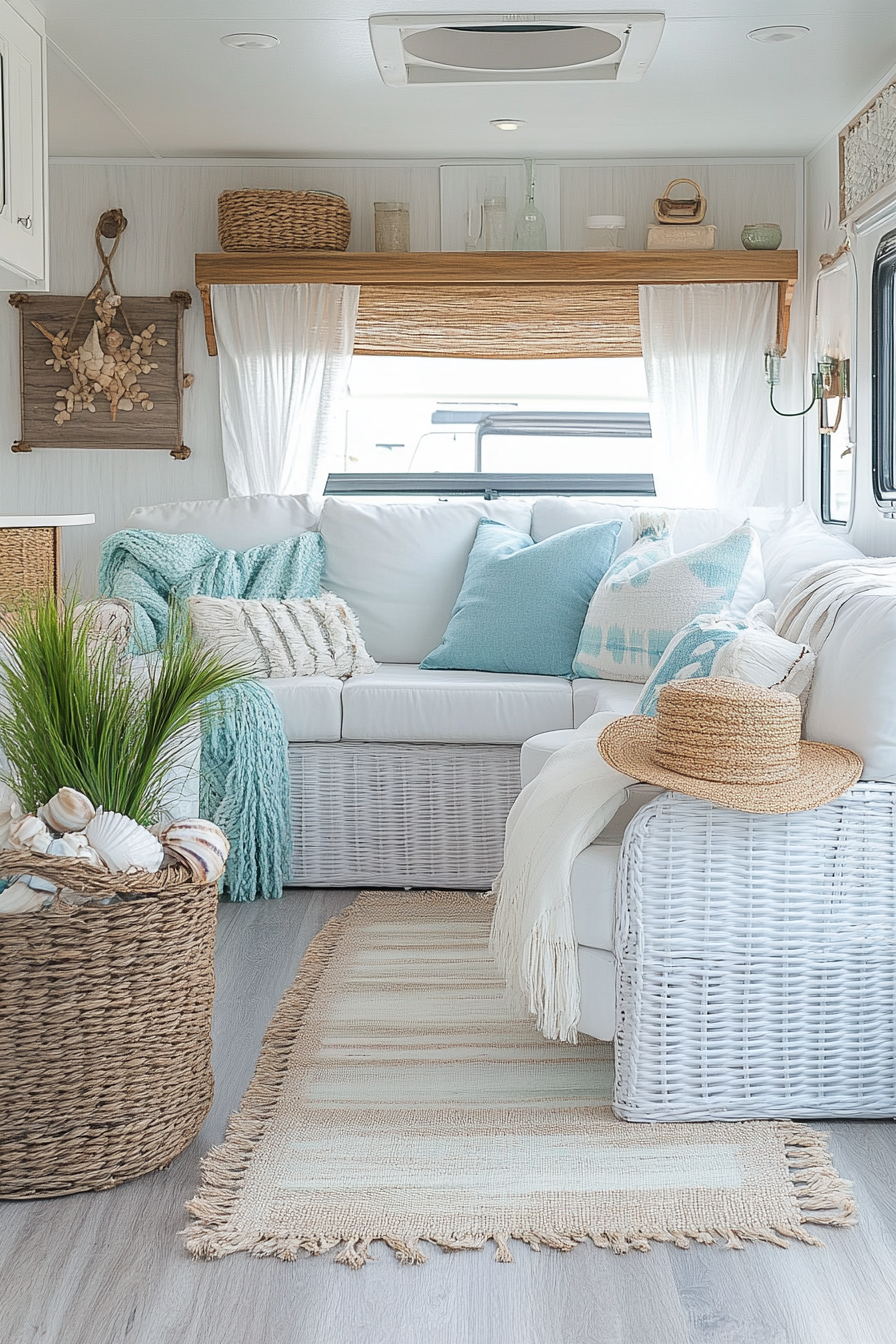 Coastal-inspired RV. White rattan seating, aquamarine accents, scattered seashell decor, tinges of driftwood.