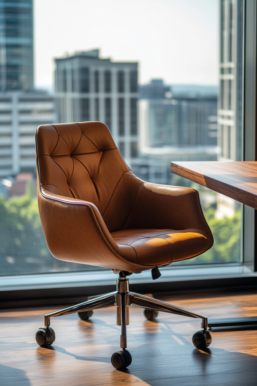 Upscale mobile workspace. Leather swivel chair beside walnut conference table, panoramic city view behind.