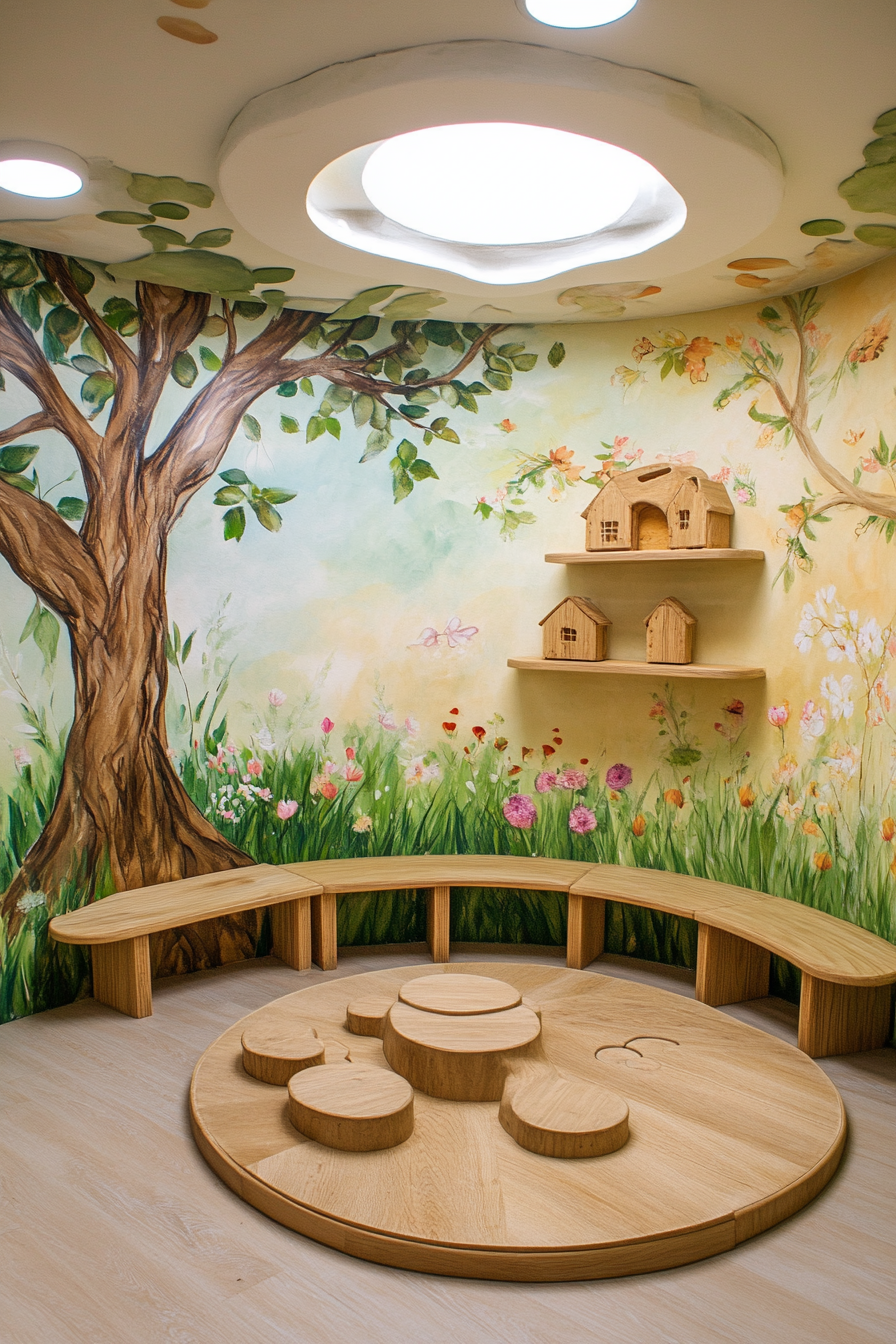 Baby room. Nature-inspired mural, low wooden shelves, round exploration zone.