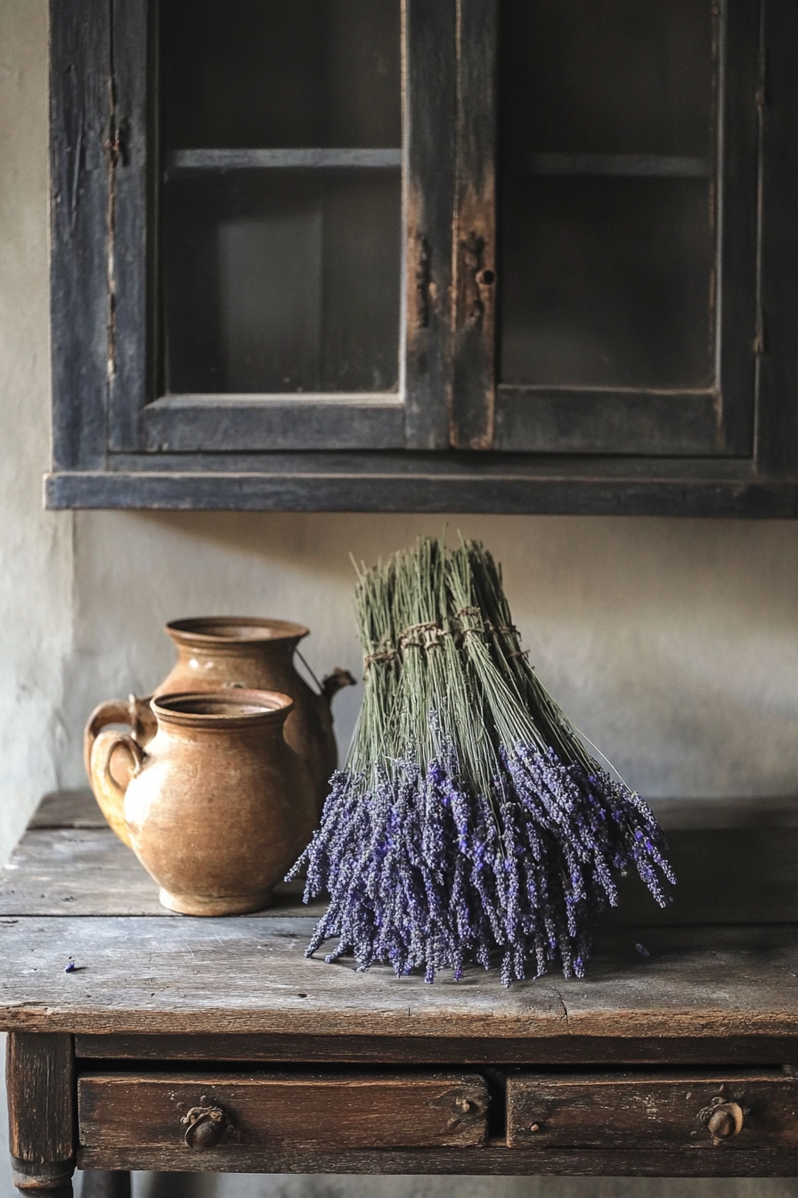 Provincial kitchen scene. Drying lavender bundles on weathered wooden table with earth-toned pottery.