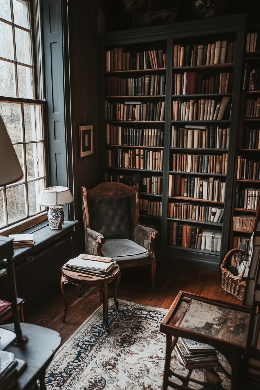 Wide angle view. Dark academia tiny house library. Leaning vintage books. Antique table lamp.