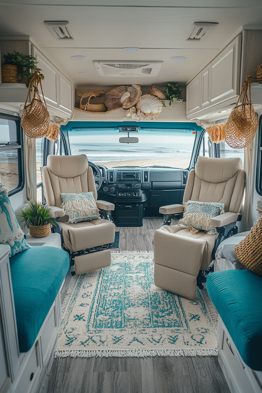 Wide angle RV view. Coastal beach chairs, khaki rugs, turquoise upholstery, hanging seashell decor.