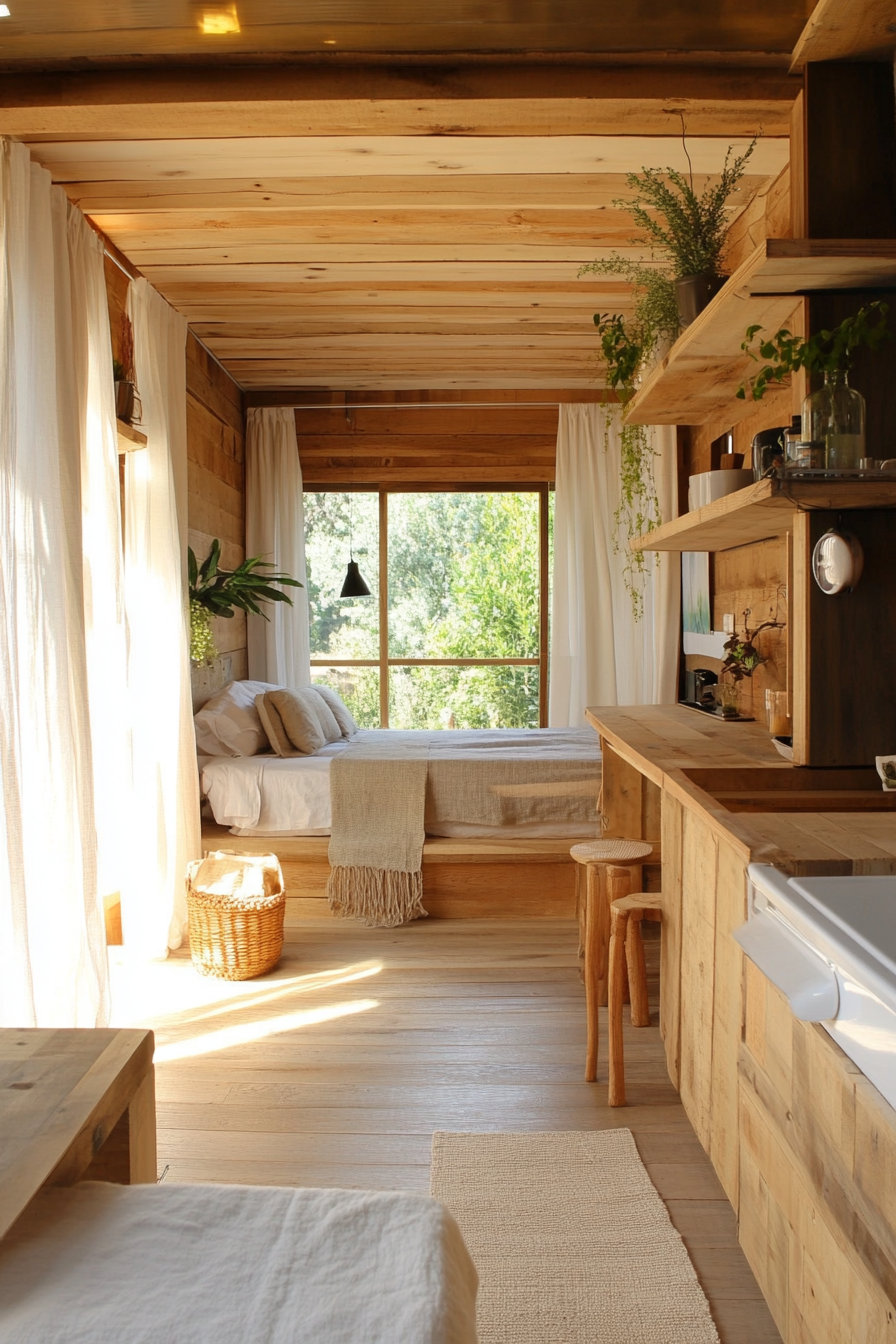 Wide angle view. Natural mobile home, light woods, organic textile elements.