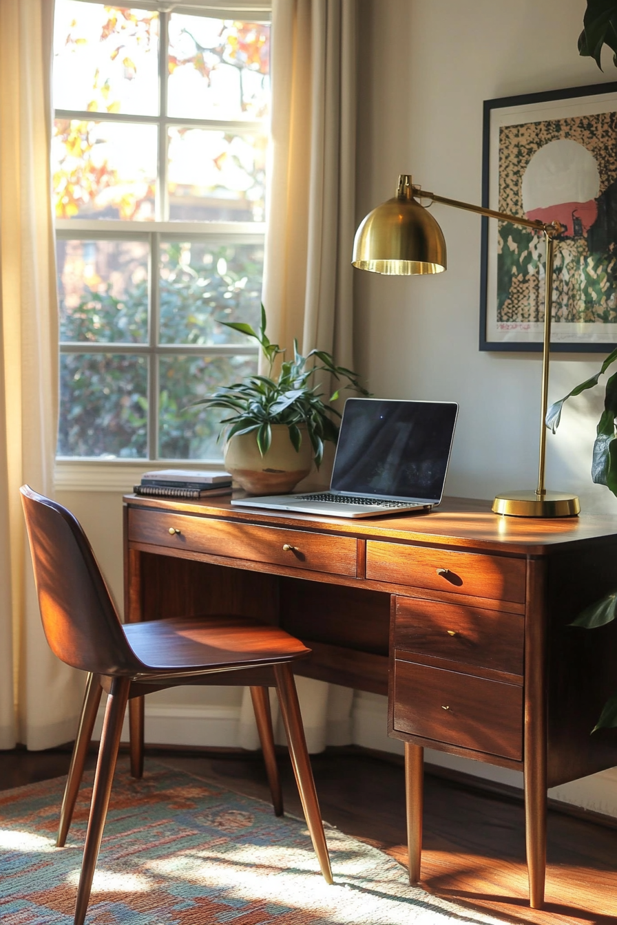 Professional mobile workspace. Mahogany desk, mid-century chair, laptop, brass lamp.