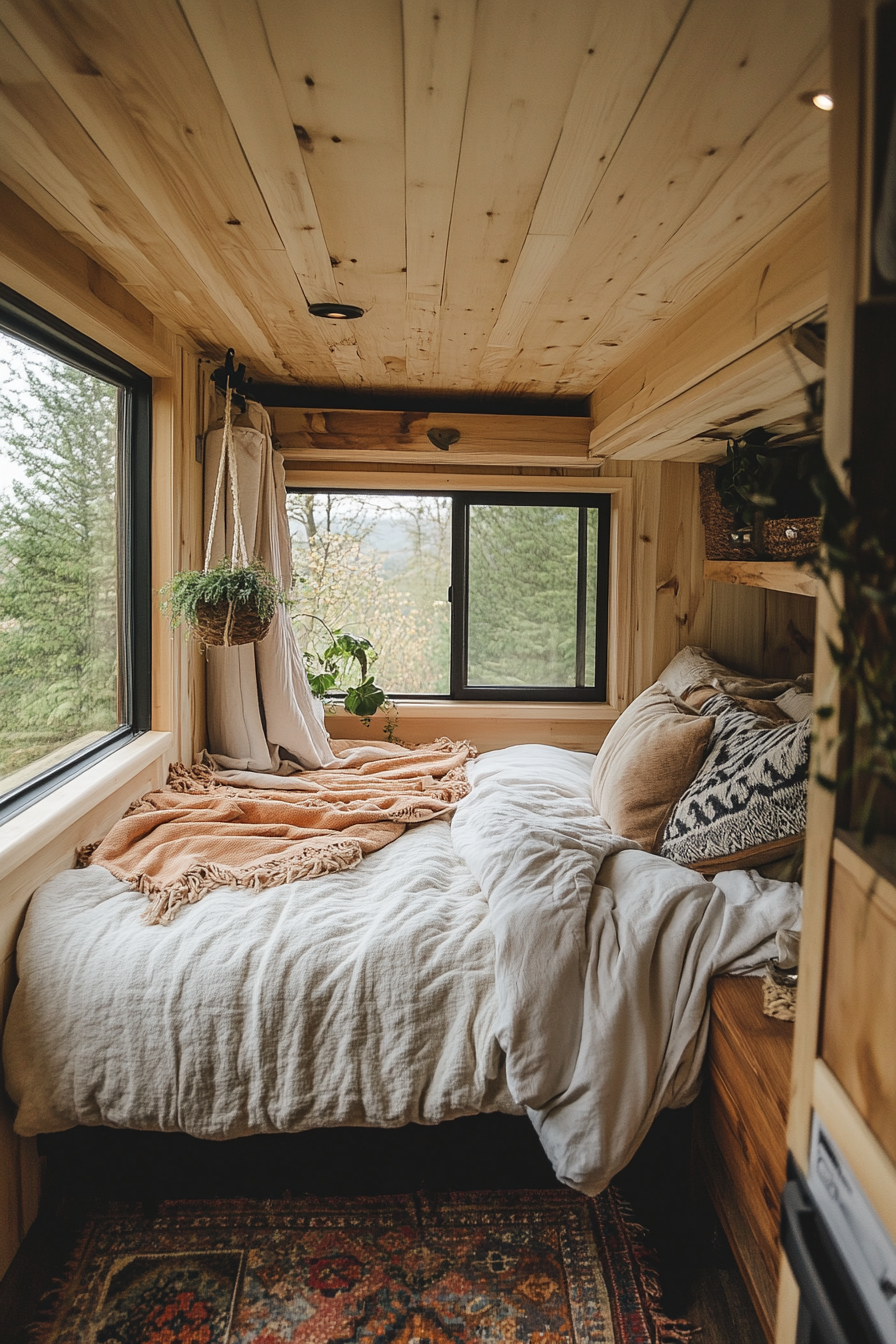 Natural tiny house bedroom. Wide-angle view, organic bedding, minimalist wooden accent design.