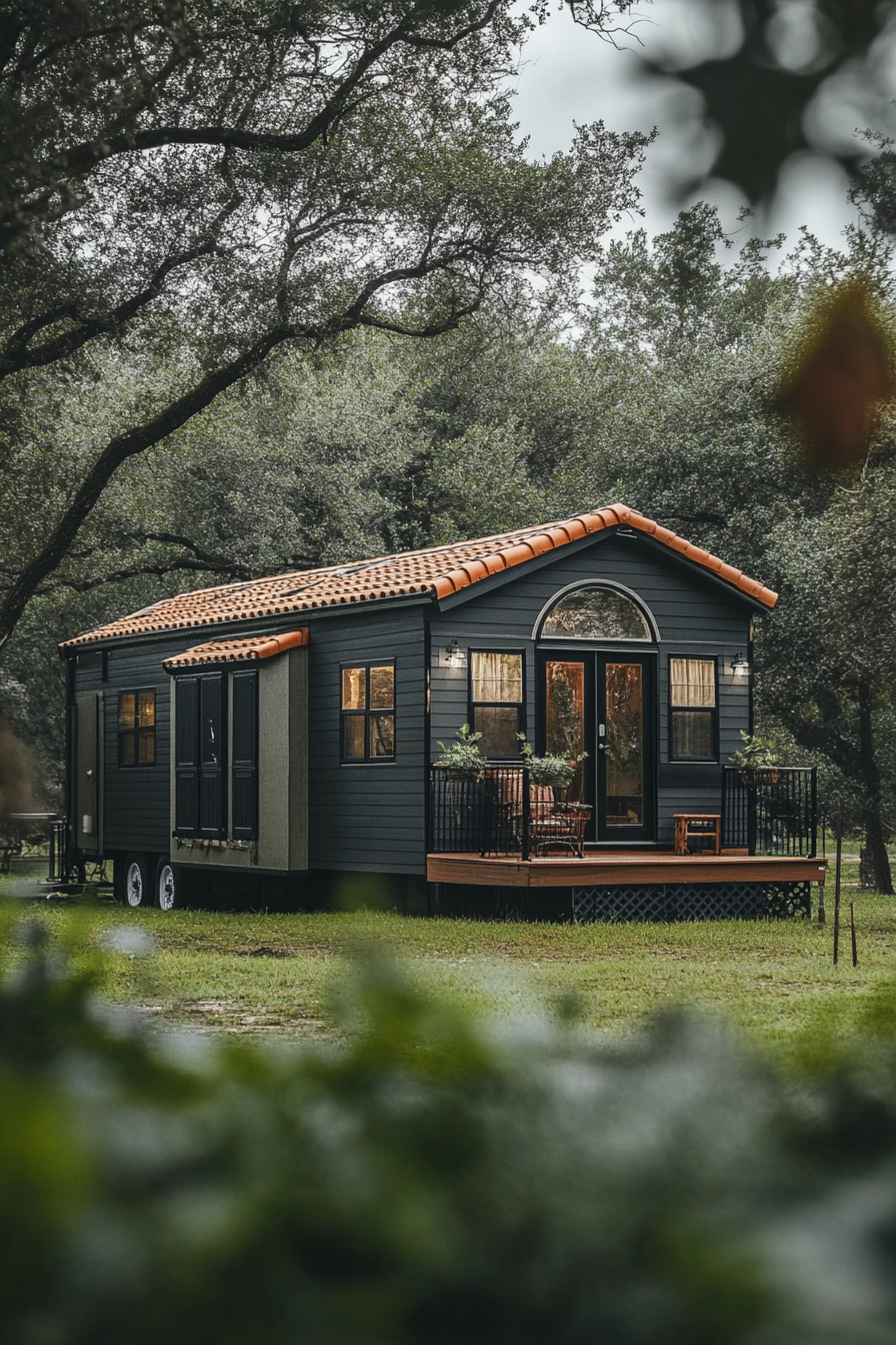 Wide angle mobile home view. Dark exterior, arched windows, terra cotta accents.