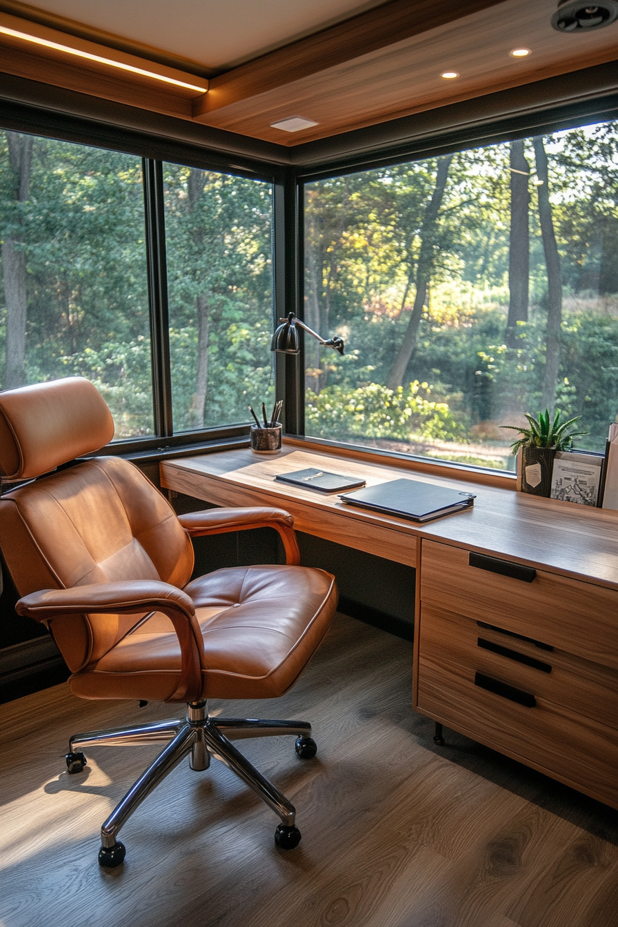 Upscale mobile workspace. Leather chair against a walnut desk with panoramic windows.