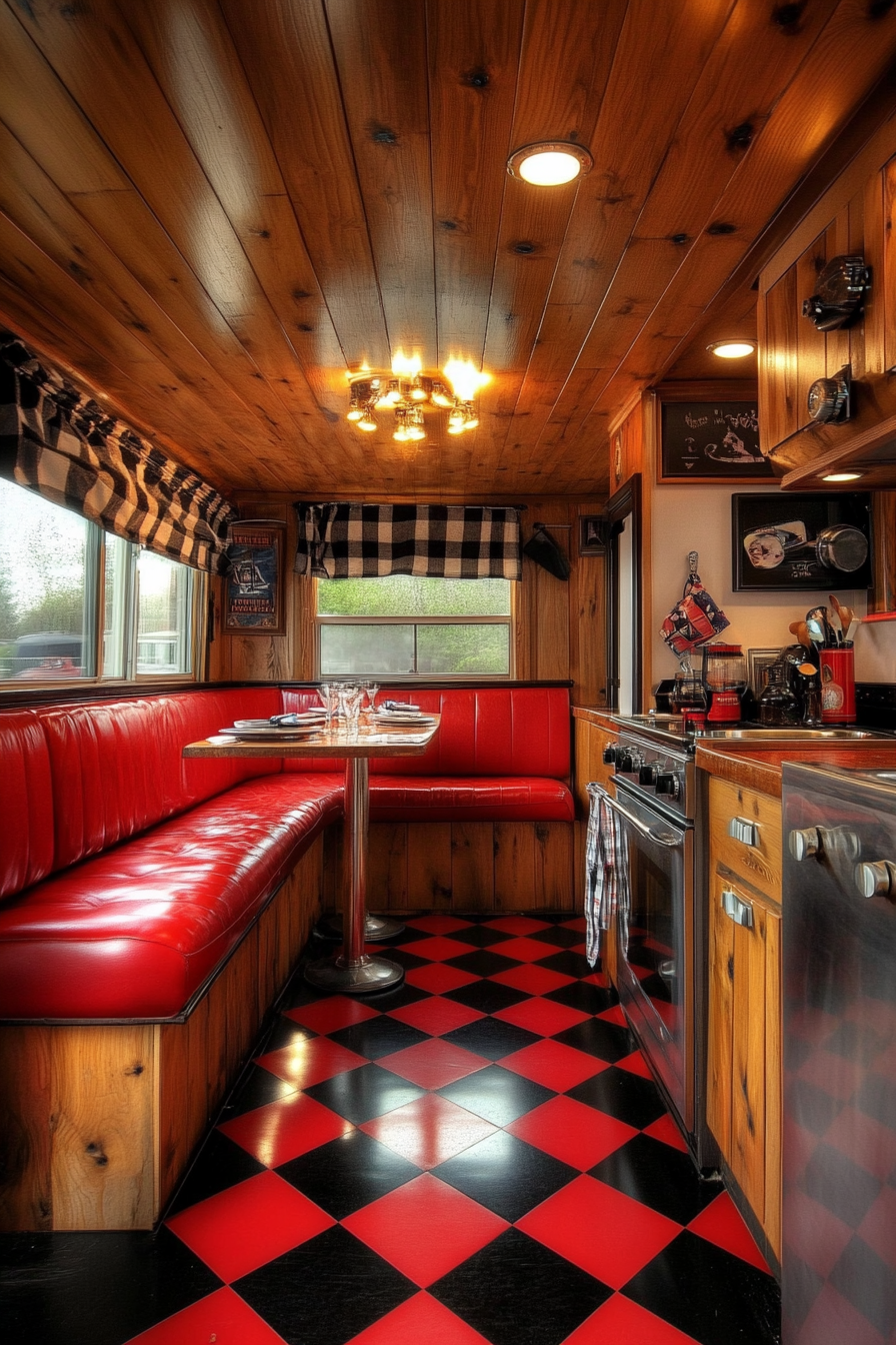 Classic Americana tiny house kitchen. Chrome details, robbed oak cabinets, red black checkered floor with booth seating.