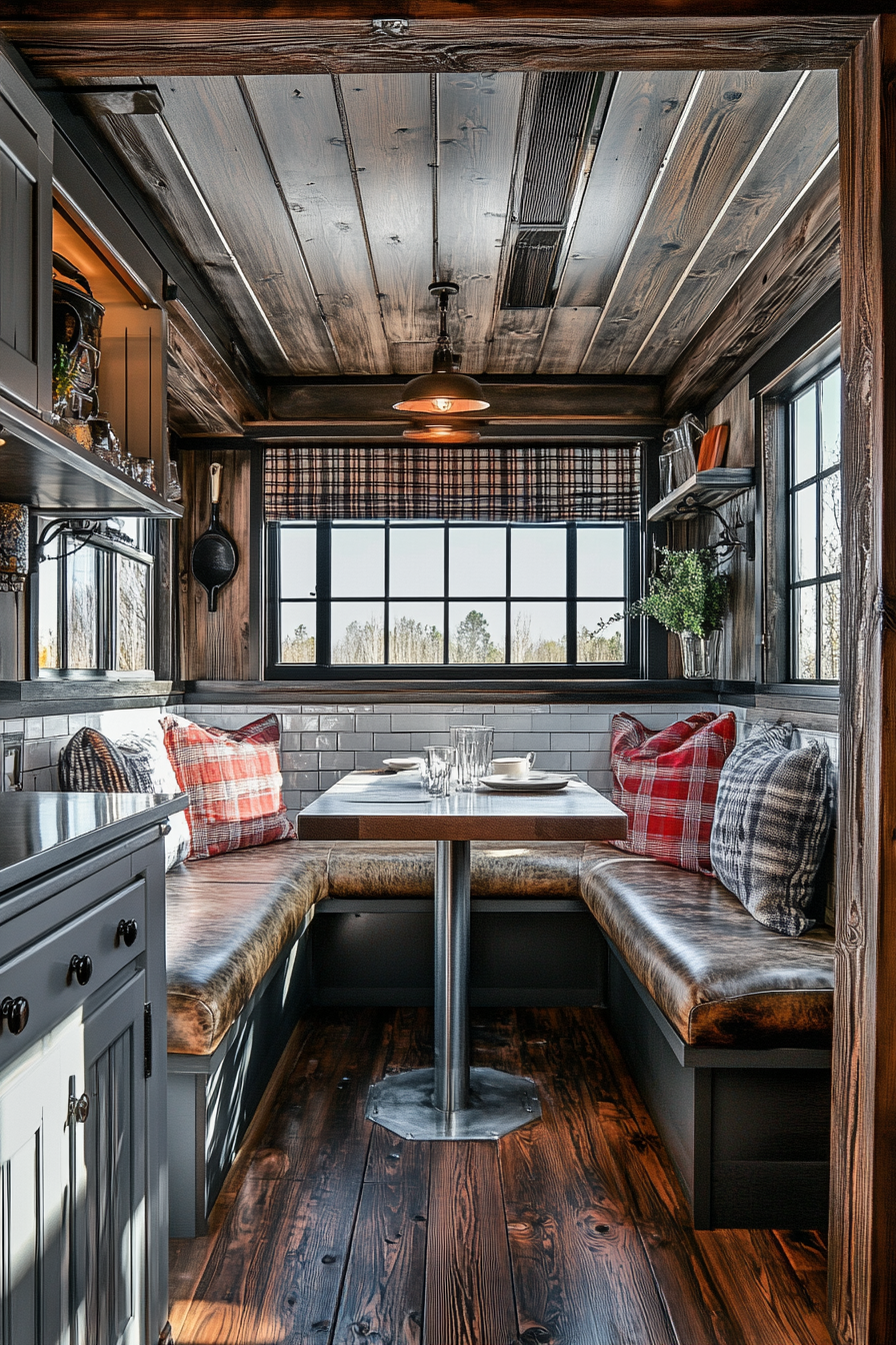 Wide angle view of a classic Americana tiny house kitchen. Chrome details, booth seating.