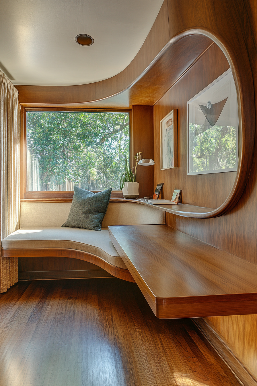 Wide-angle view. Mobile workspace with mahogany desk and mid-century fainting couch.