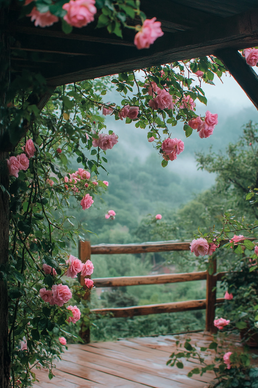 Tiny house deck. Climbing roses, pink blooming flowers, wide-angle view with morning English fog.