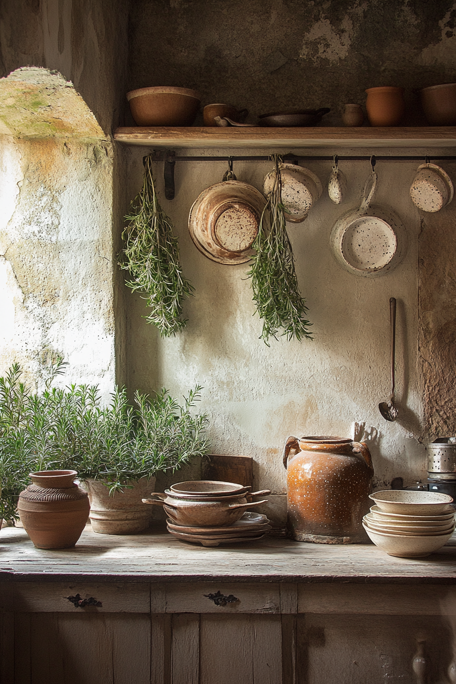 Wide angle view. Provincial cooking space, drying rosemary, speckled pottery.