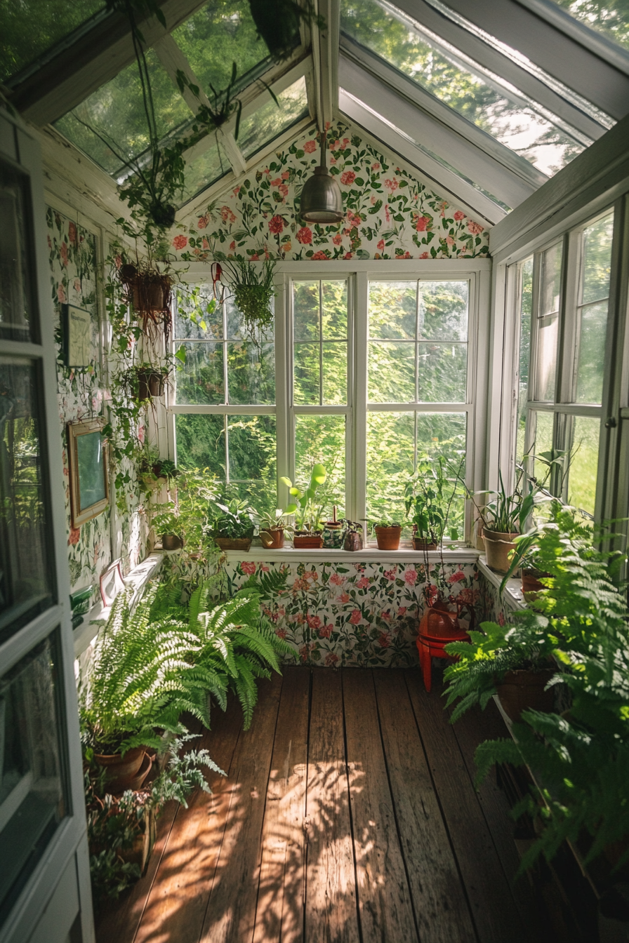 Wide angle view. Tiny house, botanical wallpaper, greenhouse windows, filled with fern plants.