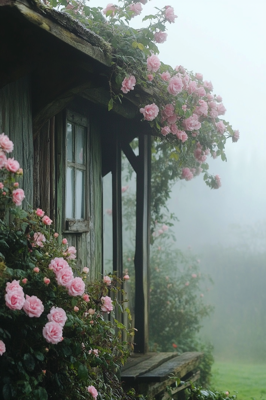 English countryside view. Tiny house deck with pink climbing roses veiled in morning fog.