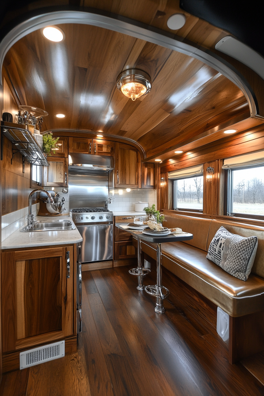 Wide-angle view of Americana tiny house kitchen. Chrome details and booth seating.