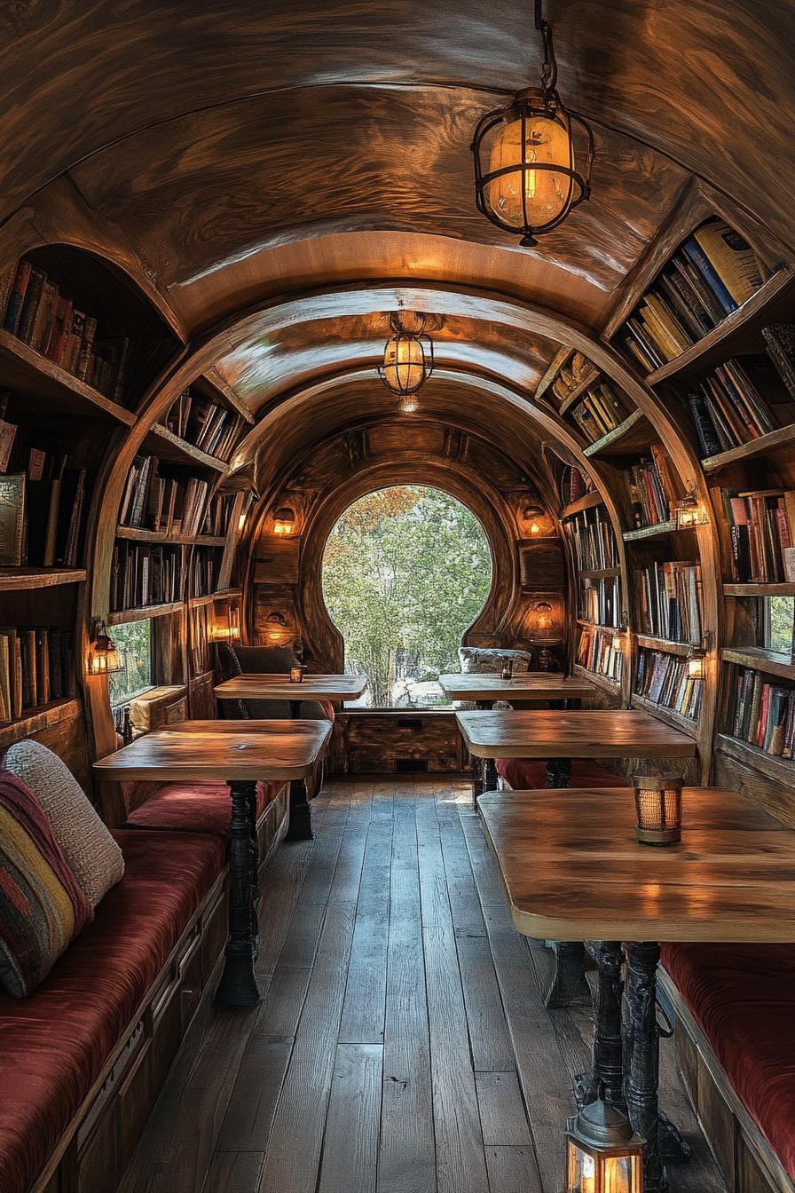 Wide angle view. Storybook-inspired mobile library, wooden tables, velvet cushions. Hidden nooks and lanterns.