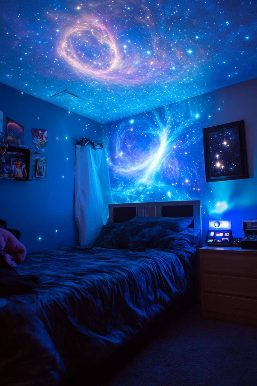 Wide angle view. Space-themed bedroom with starlight projector and blue nebula colored wall.