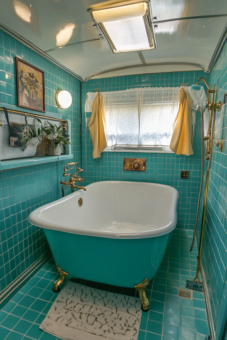 Wide angle view. Classic 1950s RV bathroom, teal vintage-tile, gold fixtures, clawfoot bathtub.