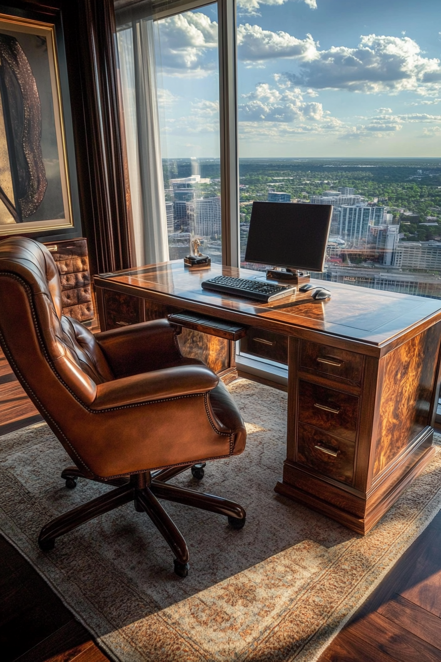 Upscale mobile workspace. Leather armchair and walnut executive desk with panoramic view.