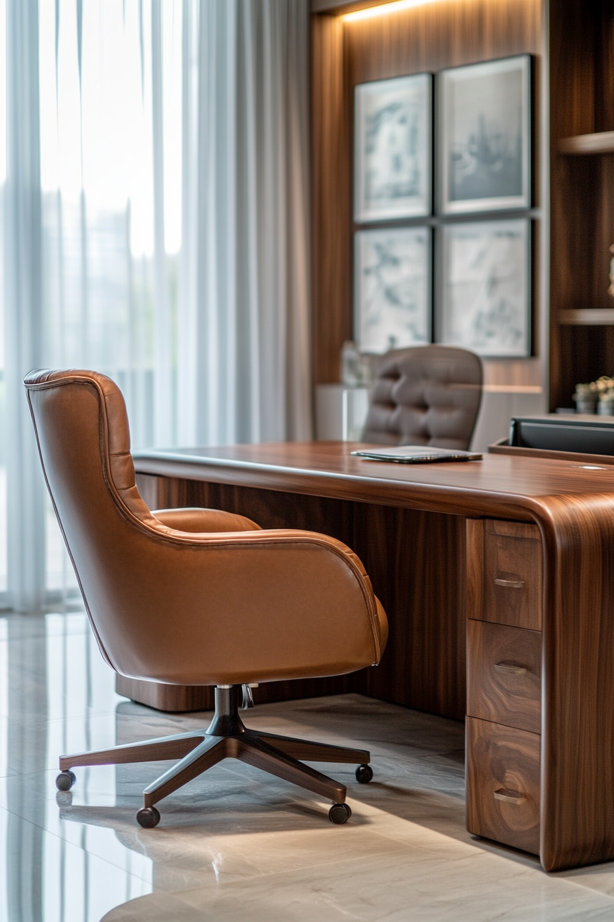 Wide angle view of upscale mobile workspace. Leather chair framed by walnut executive desk.