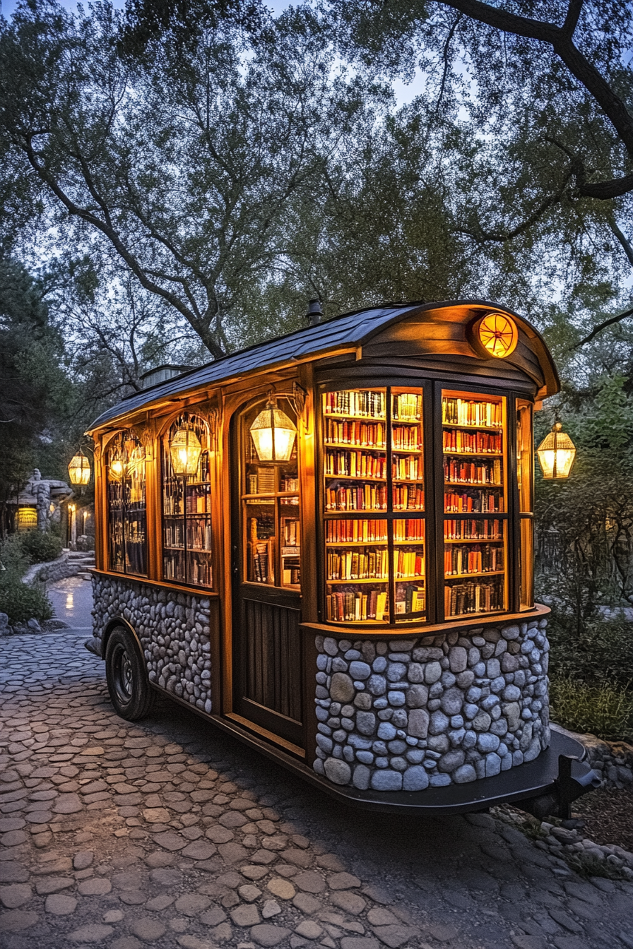 Wide angle view. Storybook-inspired mobile library with glowing lanterns and cobblestone exterior.