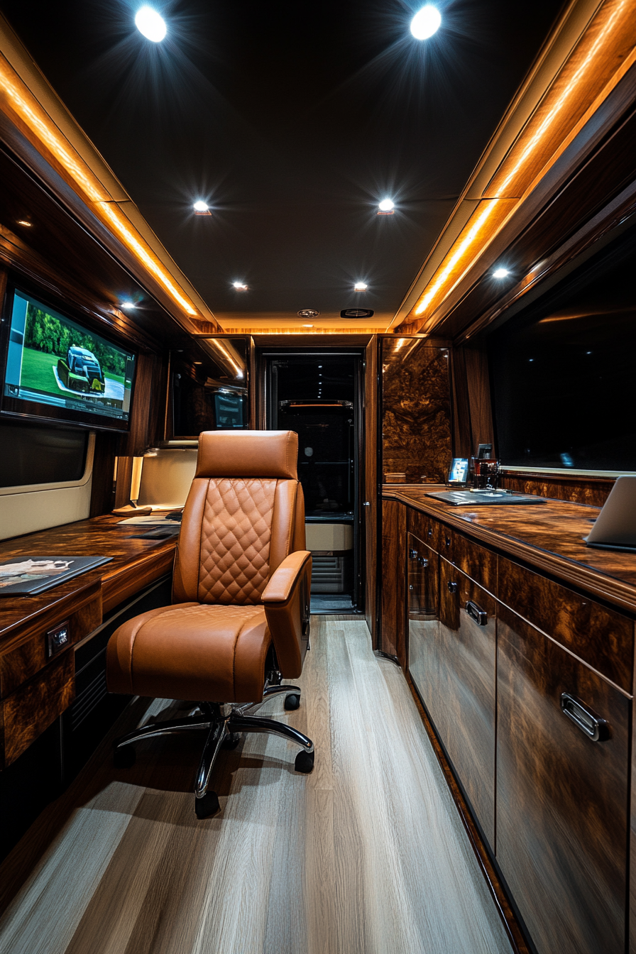 Wide angle view. Upscale mobile workspace with guarantor leather seats and walnut executive desk.