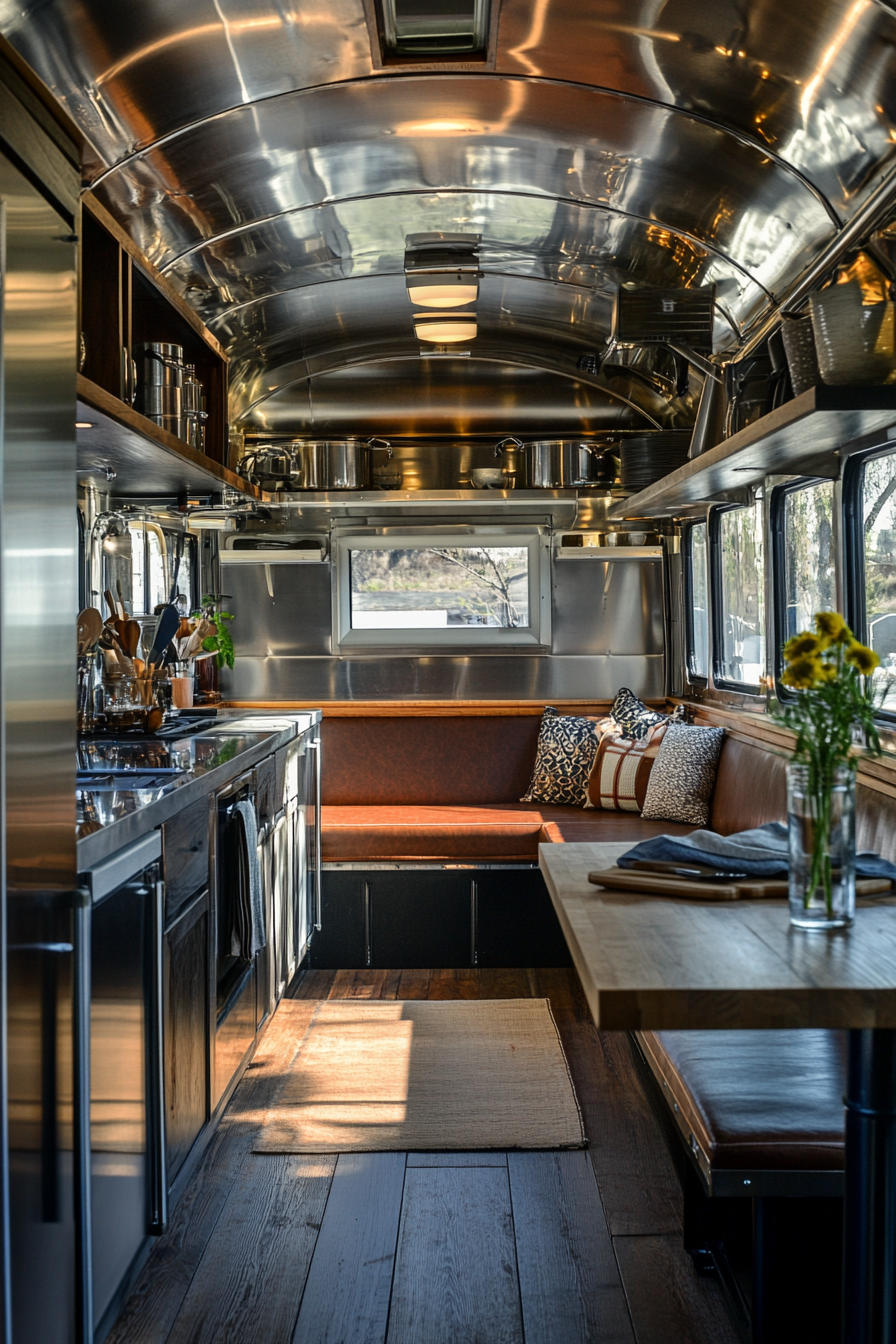 Wide angle view. Americana tiny house kitchen, chrome details, booth seating.