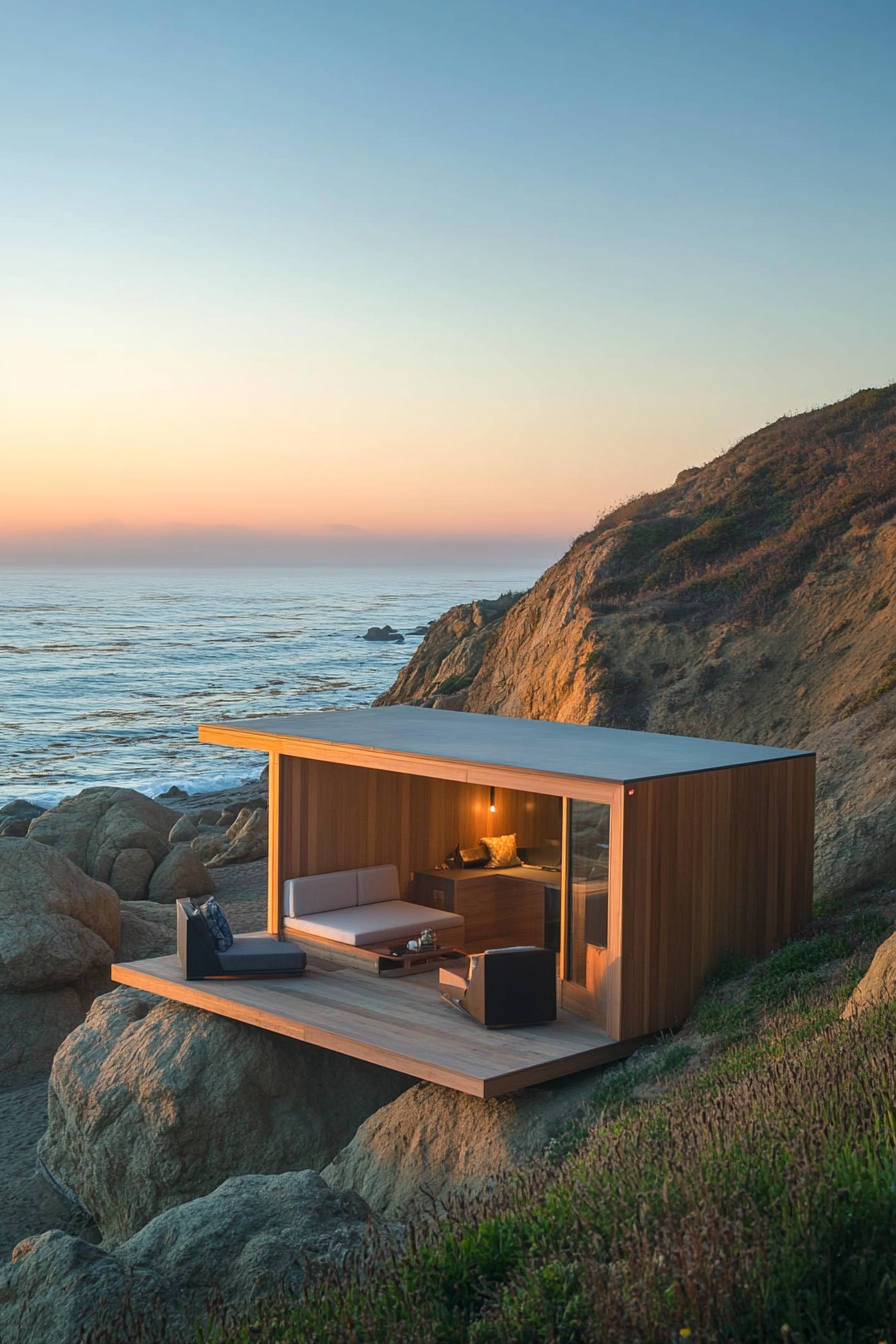 Wide angle view. Sleek tiny home, built-in cliff-edge seating, panoramic ocean vista.