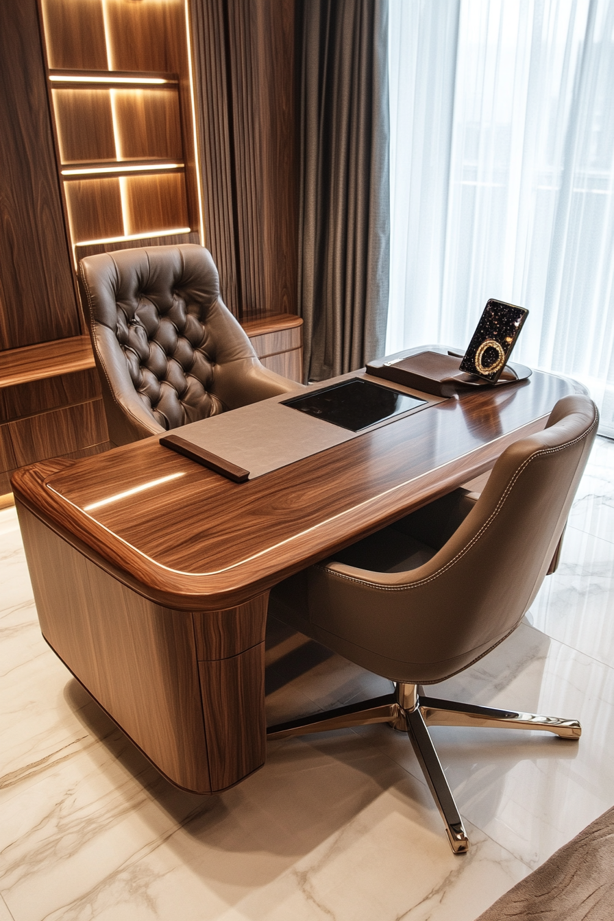 Wide angle view. Walnut executive desk with leather upholstered chair and embellished smartphone.