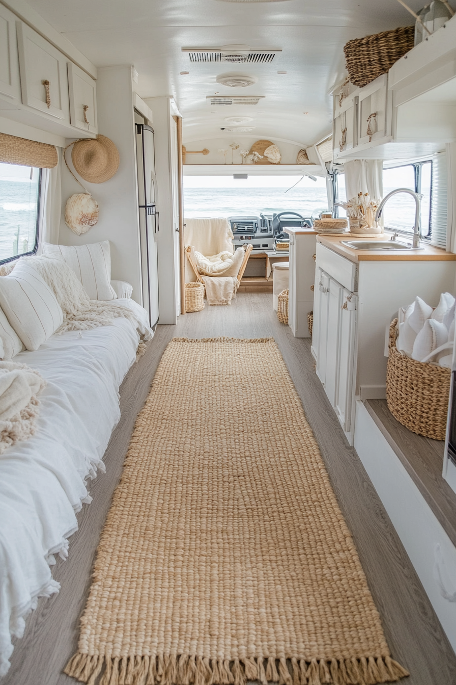 Wide angle view. Coastal-inspired RV. Seagrass rug subtly incorporating shell patterns.