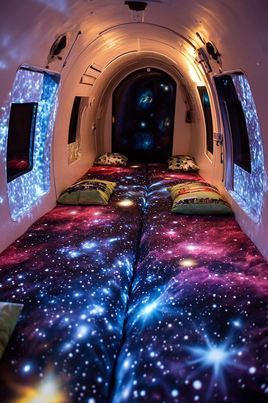 Wide-angle view. Space-themed sleeping quarters with star projections and nebula-colored bedding.