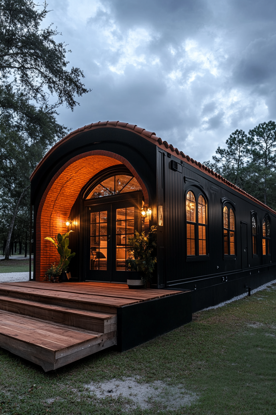 Wide angle view. Dark sophisticated mobile home, arched details, terra cotta accents.