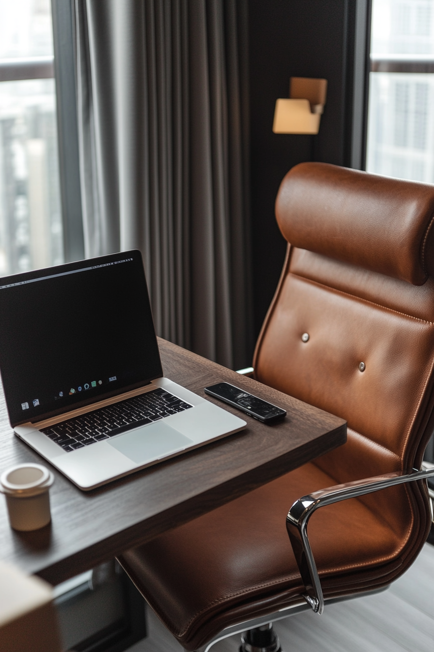 Wide-angle view. Mobile workspace. Brown leather armchair against walnut desk and ivory laptop.