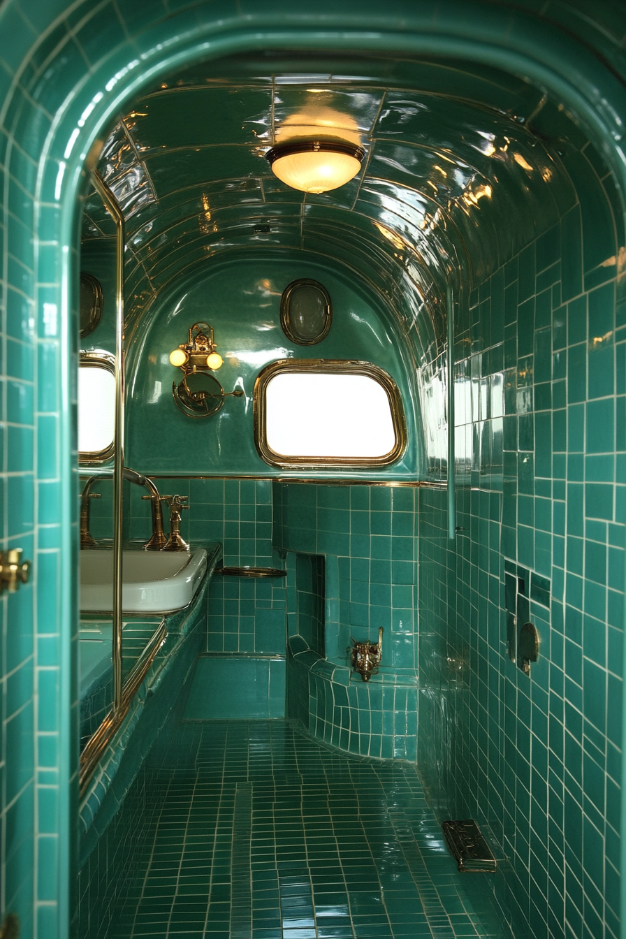 Wide-angle view. 1950s RV bathroom. Green-tinted vintage tile patterns, brass fixtures.