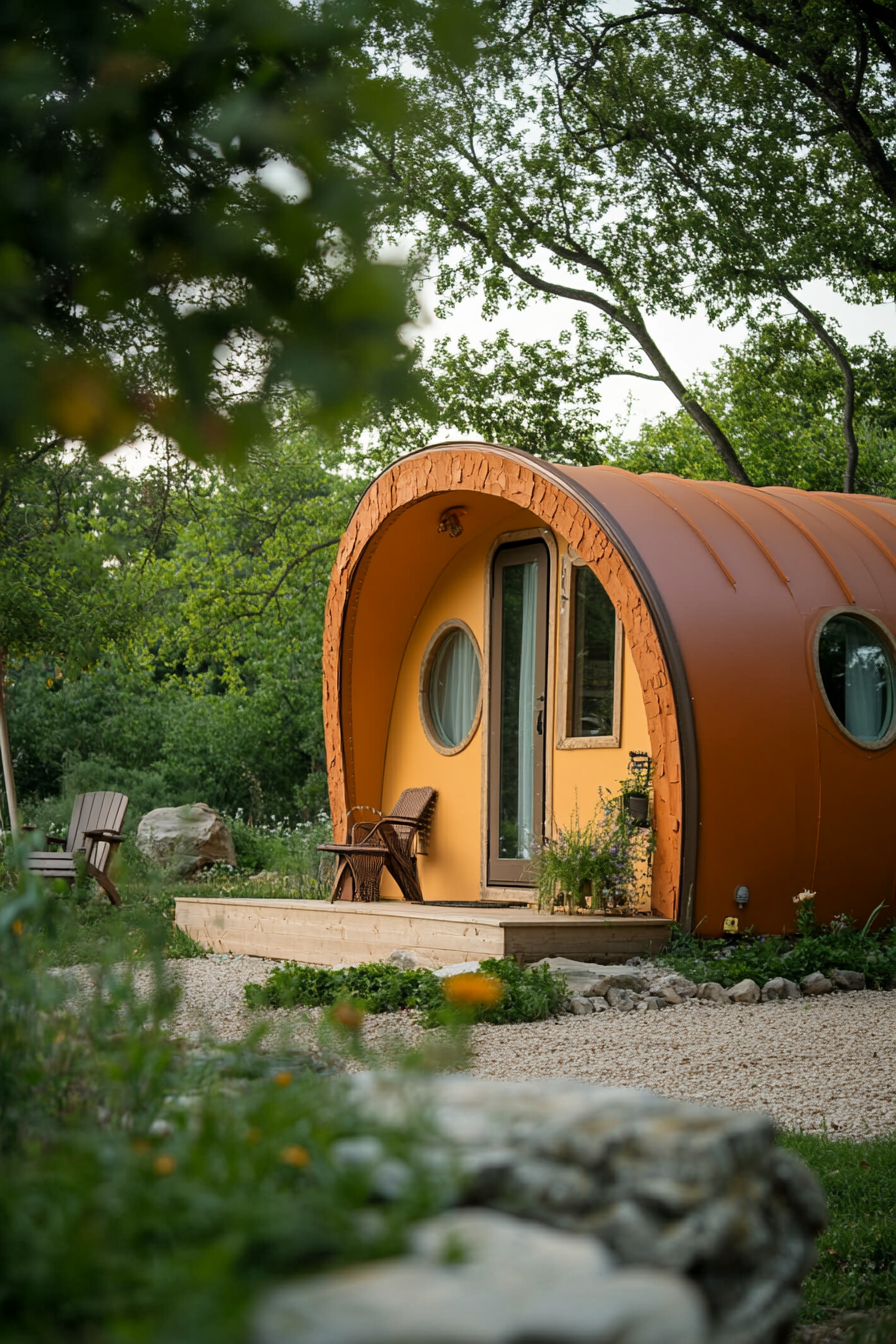 Wide-angle view of an iris colored mobile home with clay-brown colored arched details.