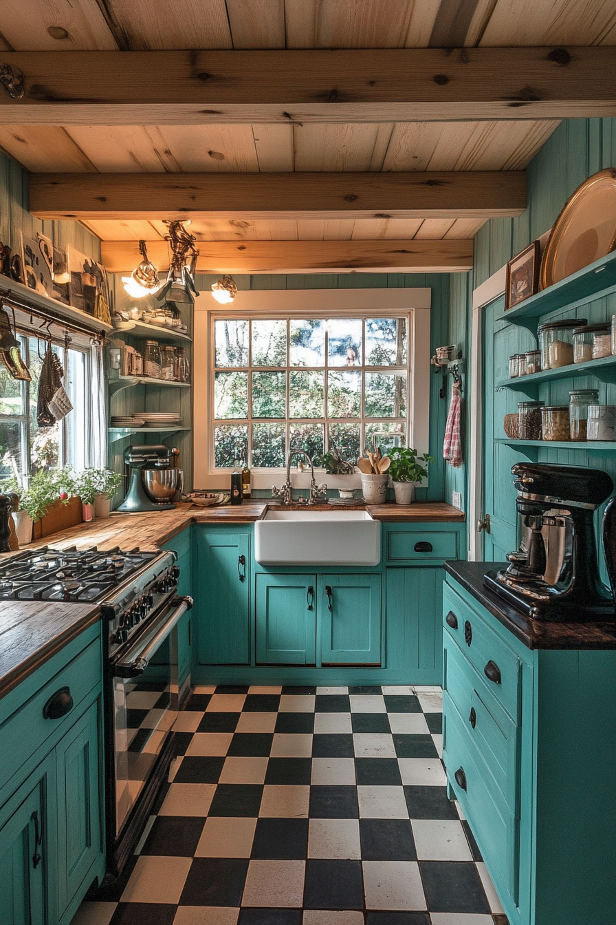 Tiny house kitchen. Retro teal cabinets, vintage checkered floor, wide-angle view.