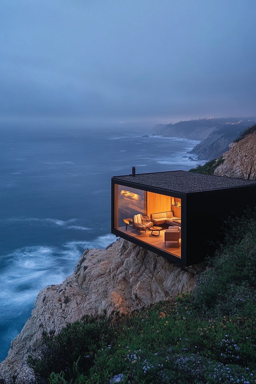 Wide angle view. Tiny sleek home with built-in seating, perched on ocean-viewing clifftop.